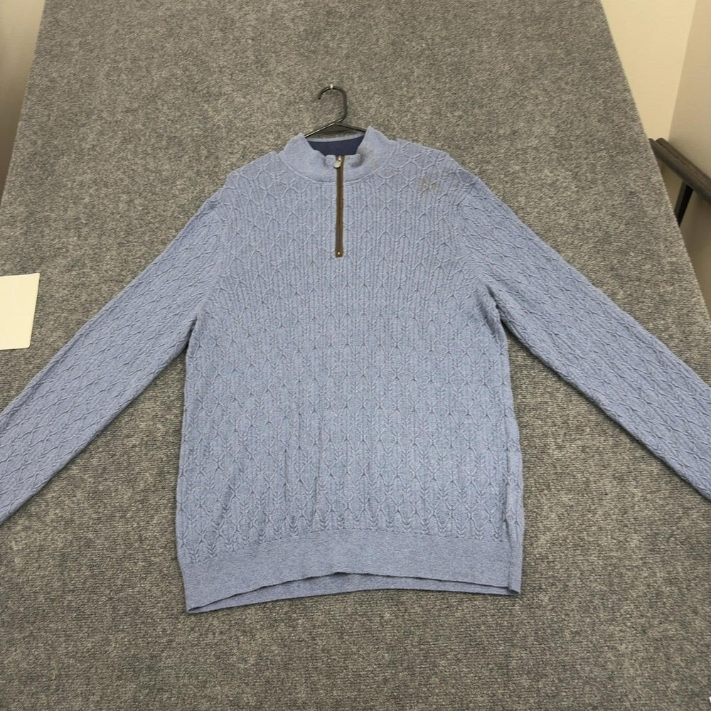 Jos A Bank Sweater Mens XL Blue Cotton Cashmere Quarter Zip Cable Knit Casual